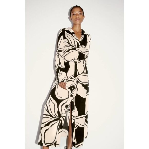 ZARA Floral Print Viscose Midi Shirt Dress New - Picture 9 of 11